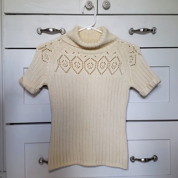Cream Yellow Knit Short Sleeve Turtle Neck Top (Small) - Picture 1 of 5
